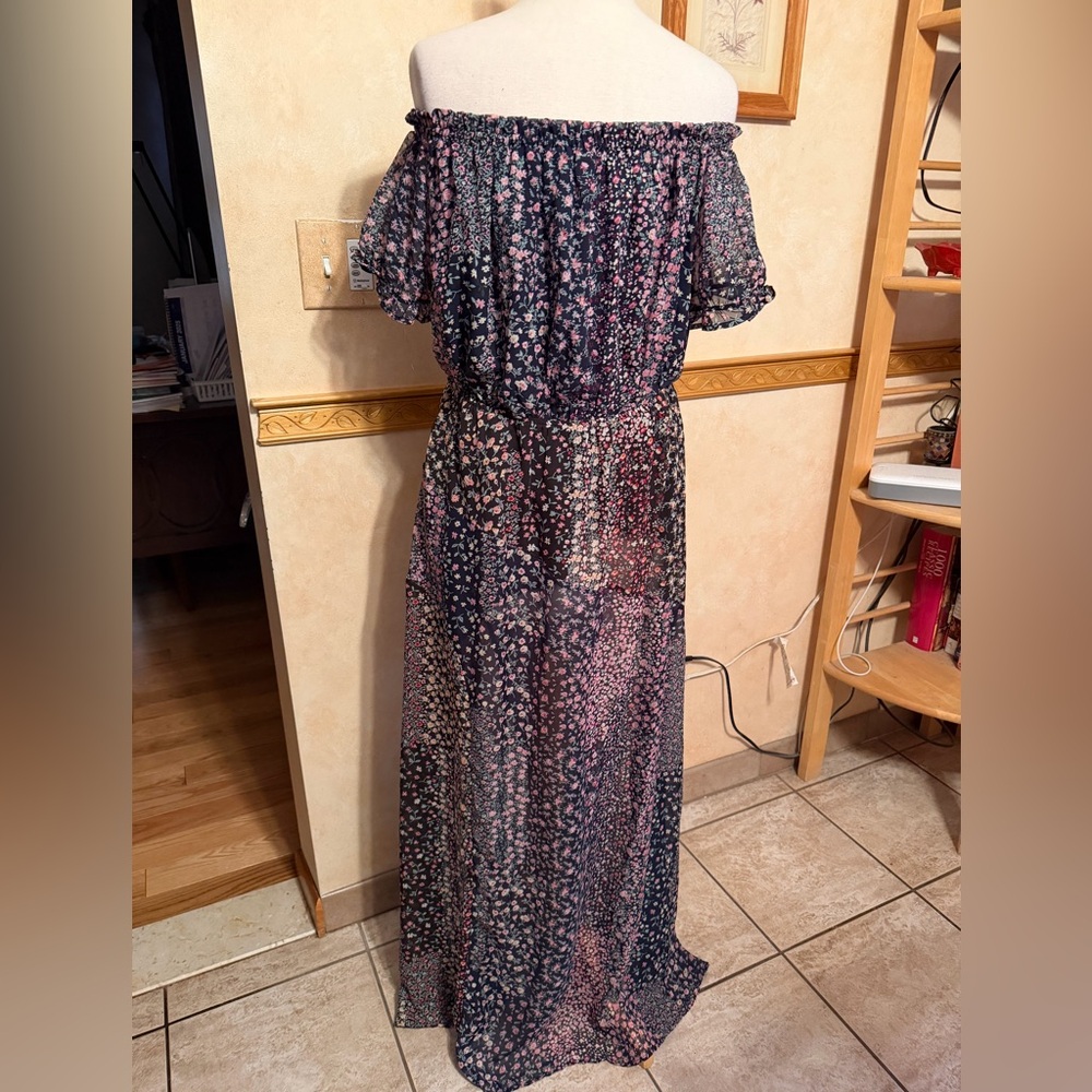 Lulu’s Neva Navy Blue Floral Print Off-the-shoulder Maxi Dress size XL - Picture 7 of 8